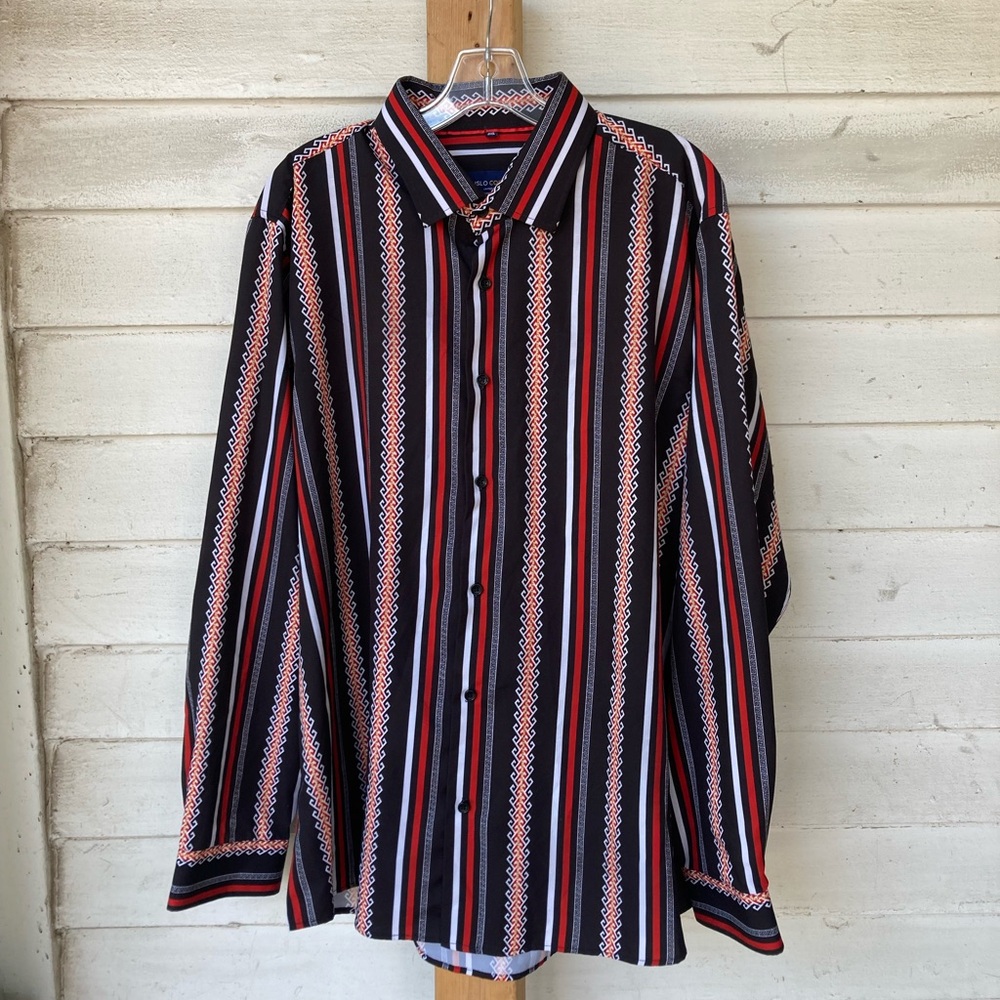 Men's Black Striped Button-Down Shirt with Red Accents